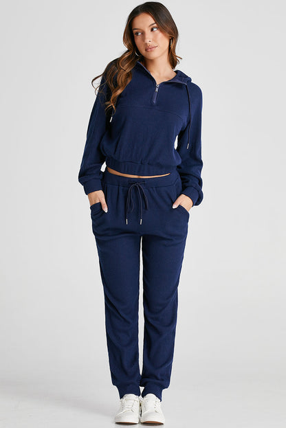 Marineblauwe geribbelde gebreide cropped hoodie en trekkoordjoggingbroekset