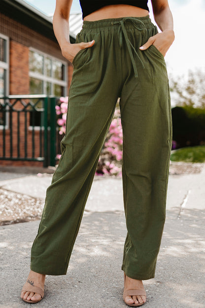 Groene elastische taille met trekkoord, zakken, lange rechte pijpen, broek