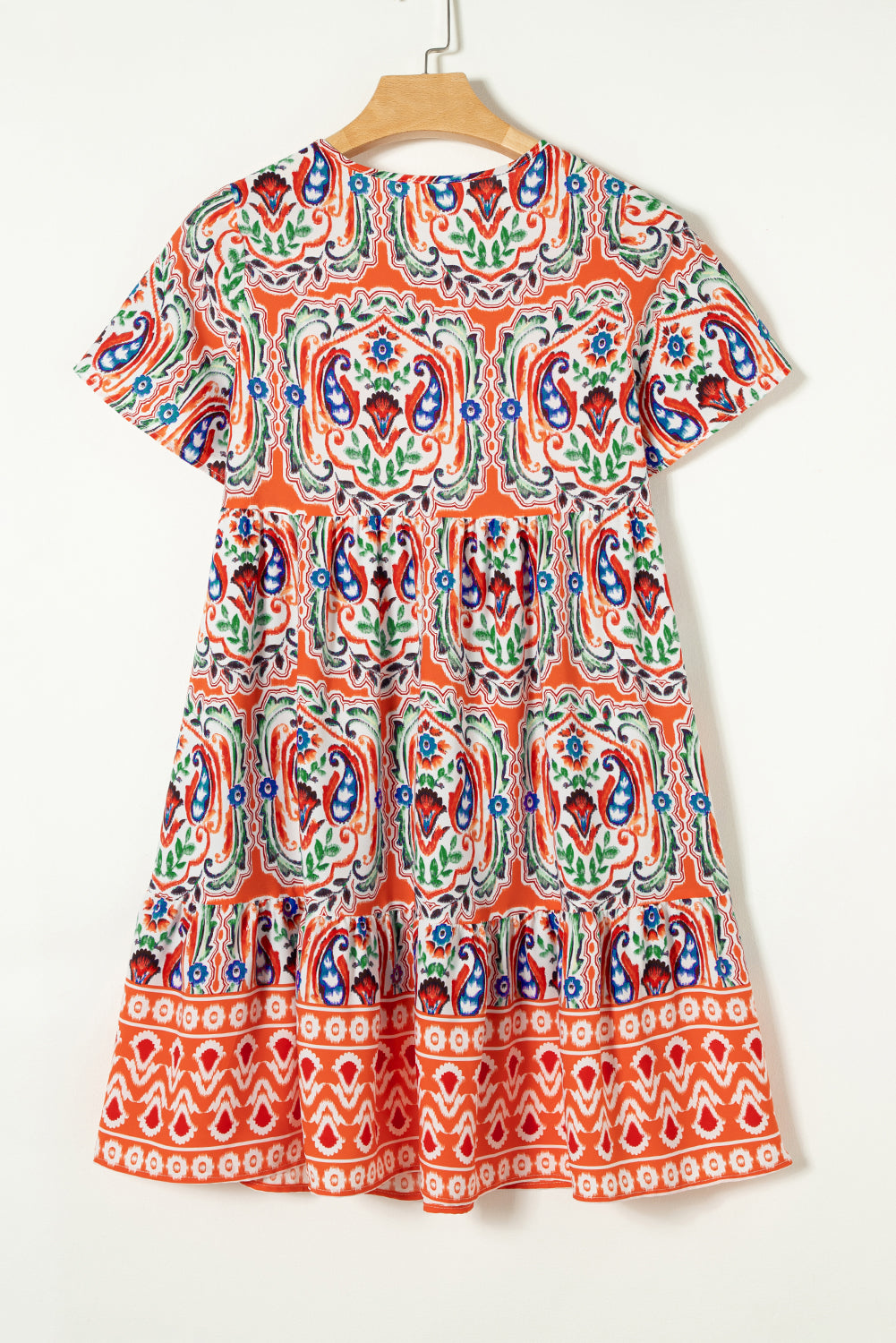 Oranje Bohemian Print Strik Hals Ruffle Zoom Korte Jurk