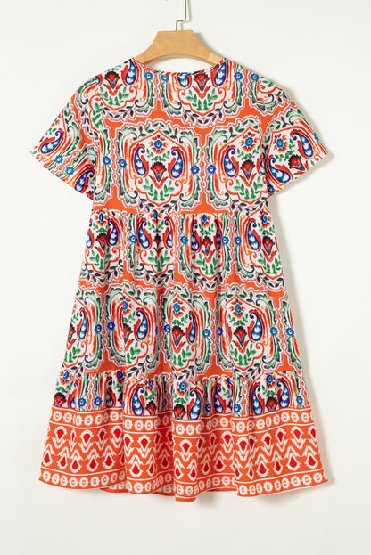 Oranje Bohemian Print Strik Hals Ruffle Zoom Korte Jurk