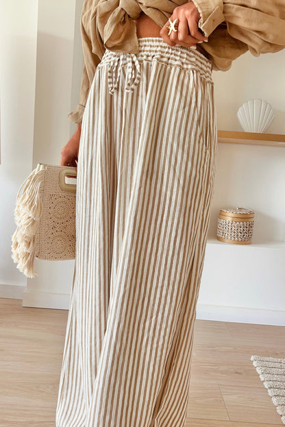 Khaki Stripe Plus Size Trekkoord Hoge Taille Wijde Pijpen Broek