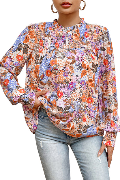 Veelkleurige bloemenblouse met bisschopsmouwen en ronde hals