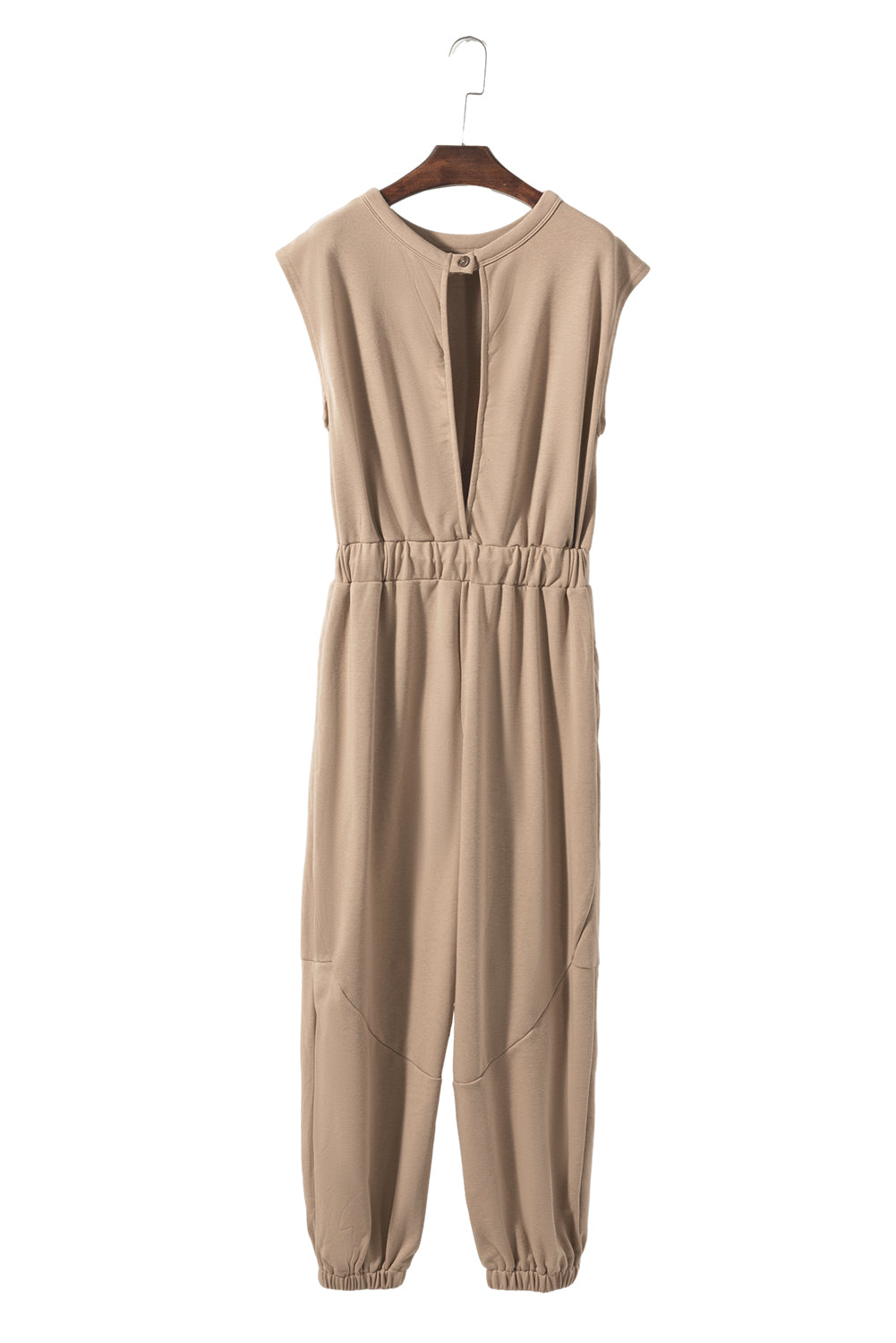 Lichte Franse beige kapmouw open rug trekkoord jogger jumpsuit