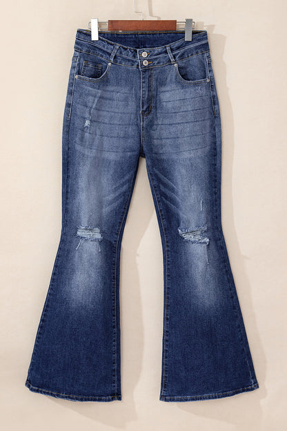 Hemelsblauwe jeans met hoge taille en gescheurde knopen