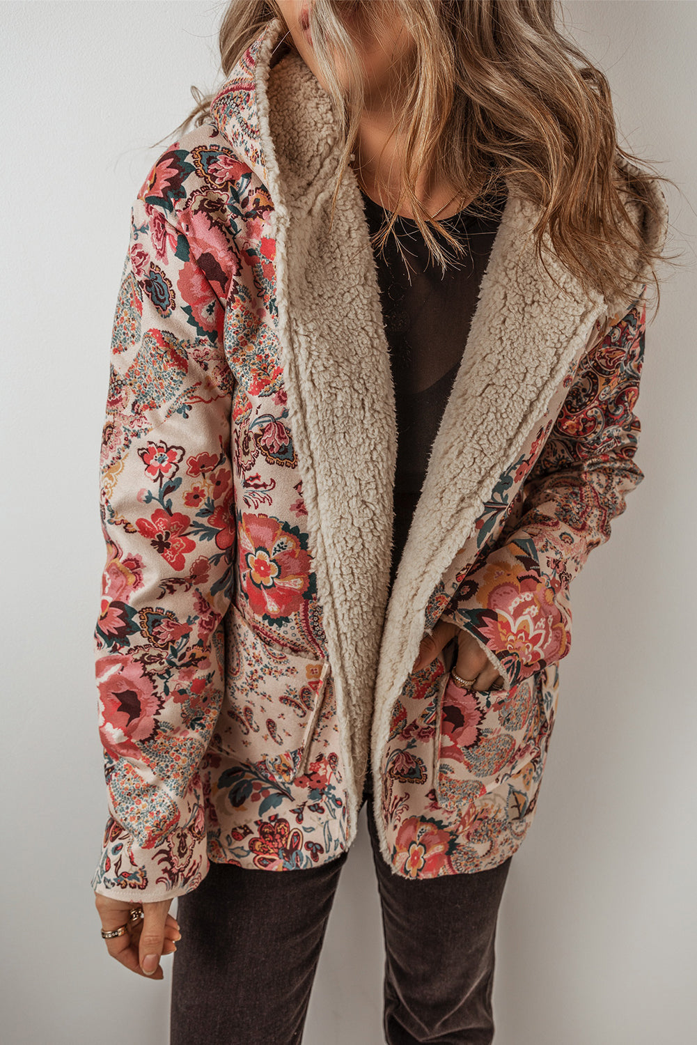 Beige Vintage Paisley Bloemenprint Sherpa Gevoerde Capuchon Jas