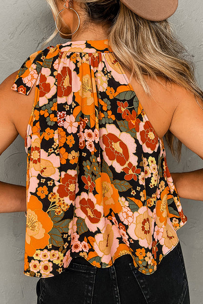 Oranje bloemenprint geknoopte mouwloze top met halternek