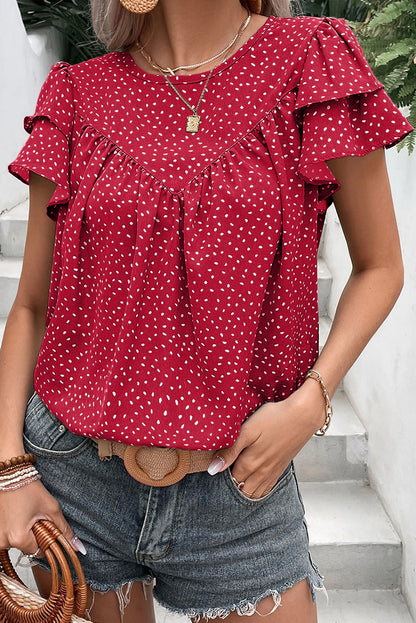 Laurel Green Dotted Ruffle Sleeve Crew Neck Ruched Blouse