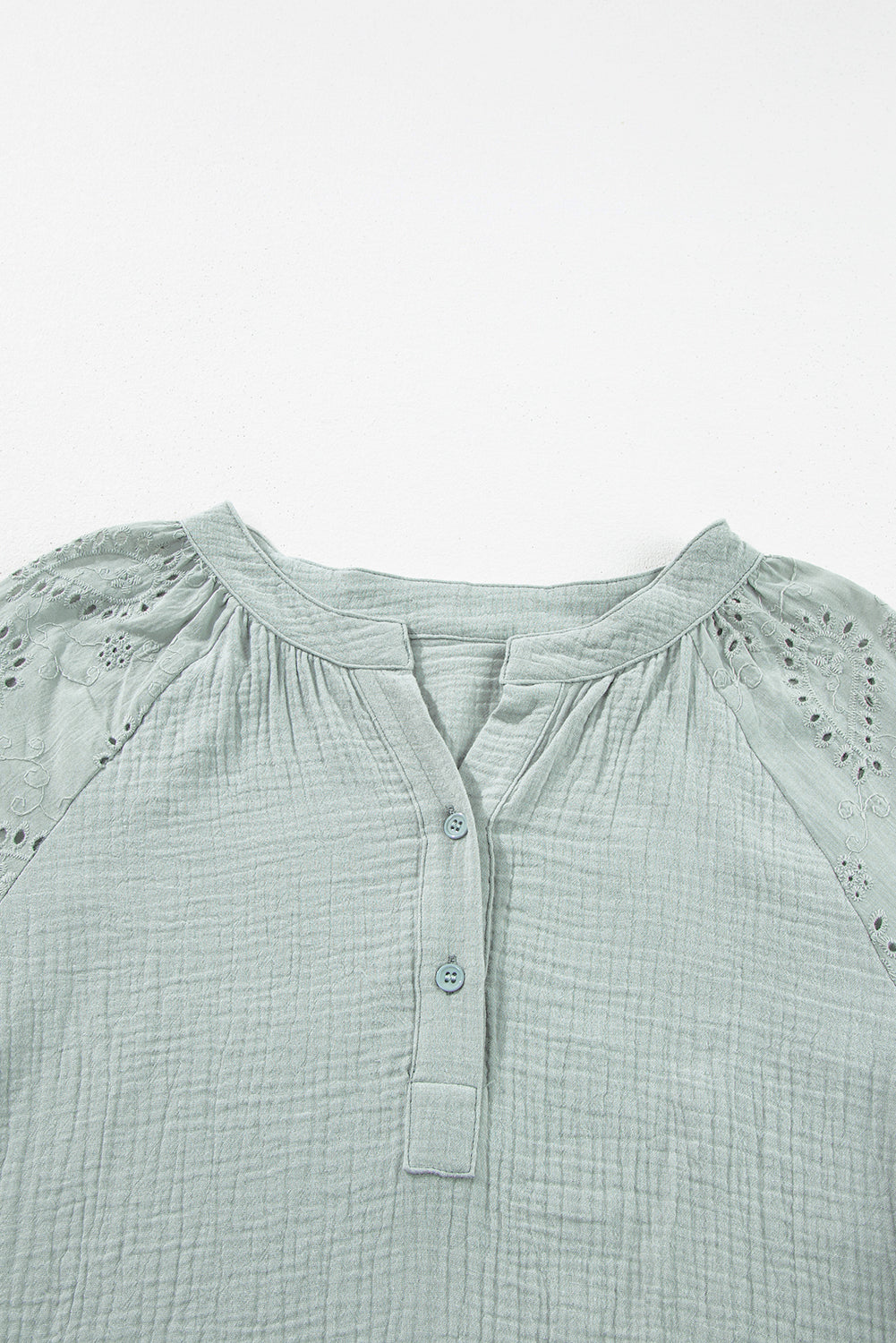 Mist Green Crinkled Eyelet Raglan Sleeve Top Ruffled Shorts Set