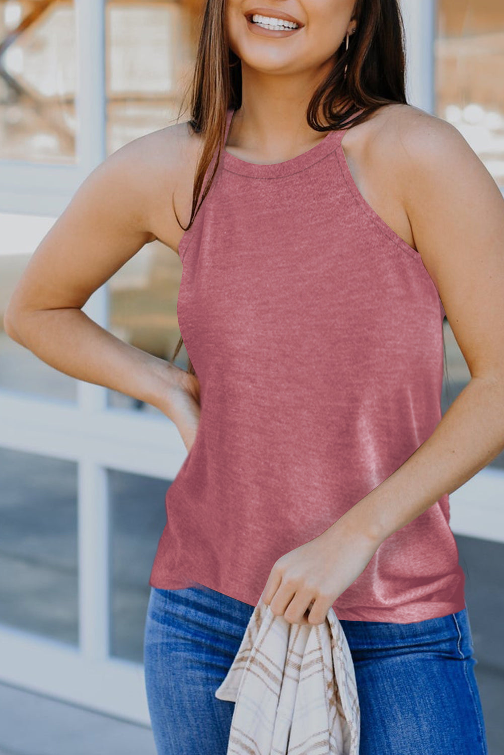 White Solid Color Crew Neck Tank Top