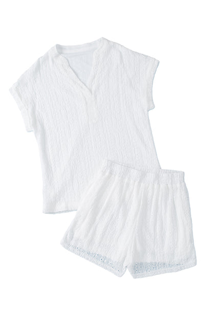 Witte set met getextureerde shorts met oogjespatroon