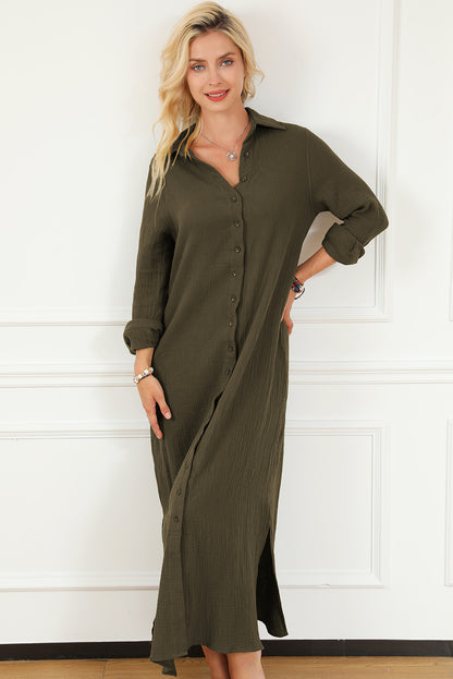 Groene gekreukte, casual split-shirt maxi-jurk met knopen