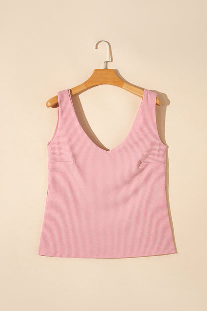 Lichtroze tanktop met ribstructuur en V-hals