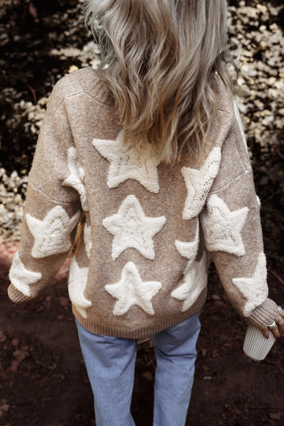 Khaki Sherpa Star Pattern Textured Sweater Cardigan with Pockets