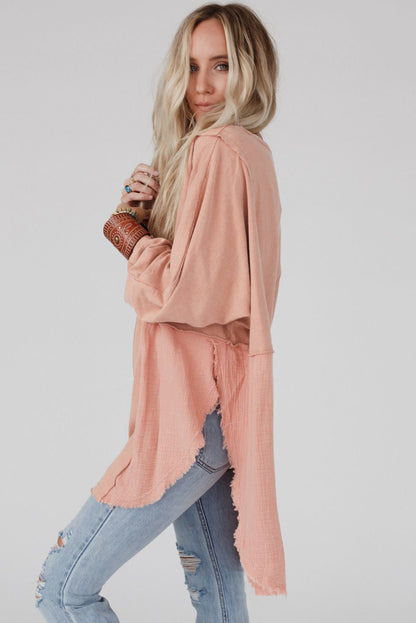 Camel Crinkle Splicing Raw Hem High Low Oversized Blouse