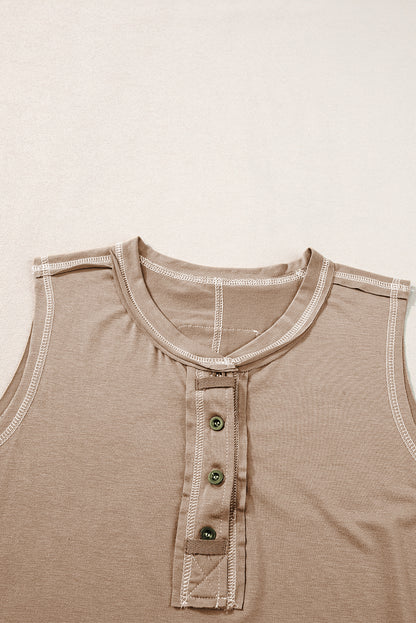 Licht Frans beige Henley tanktop met contrasterende stiksels en zichtbare naden