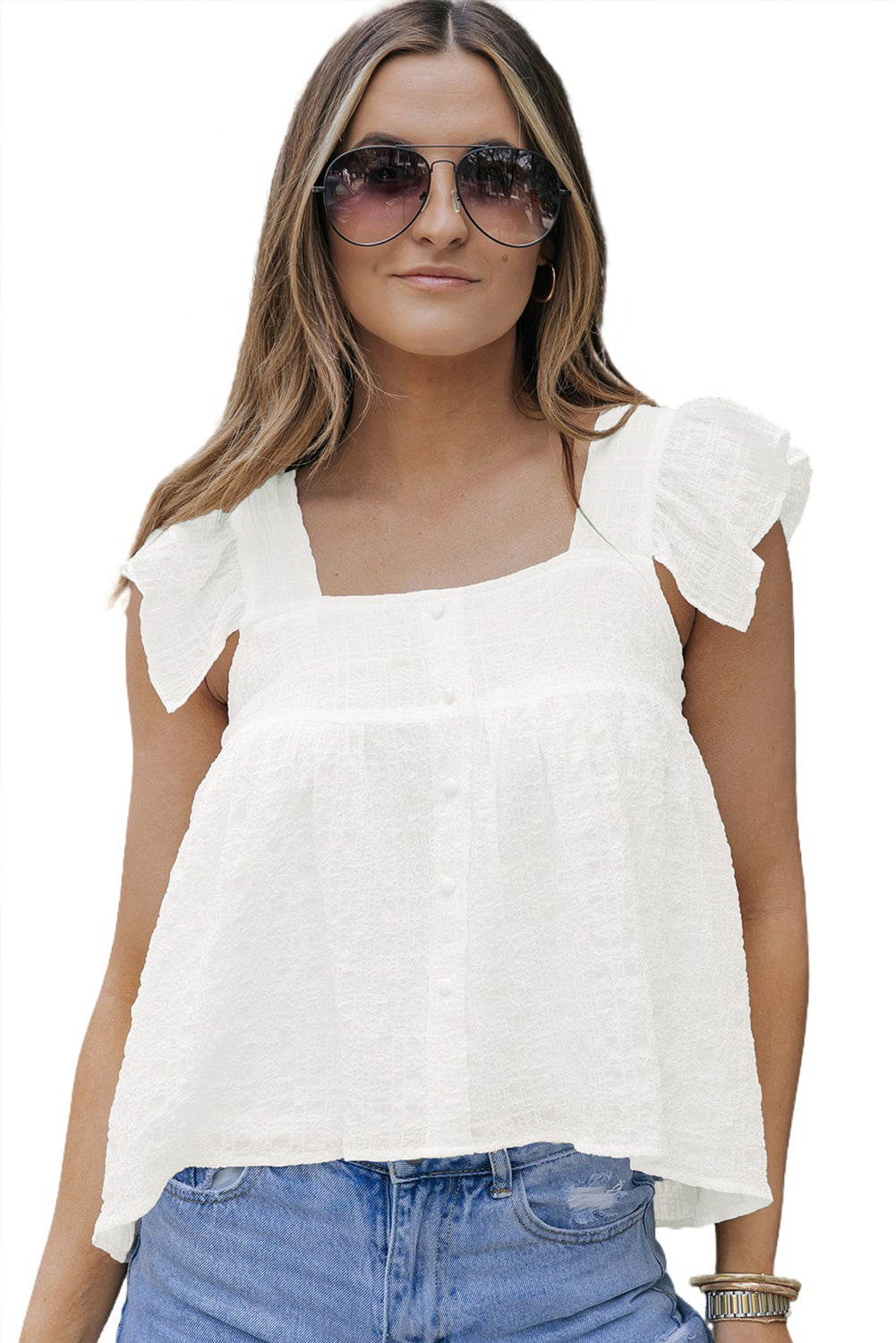 Witte tanktop met vierkante hals en textuur