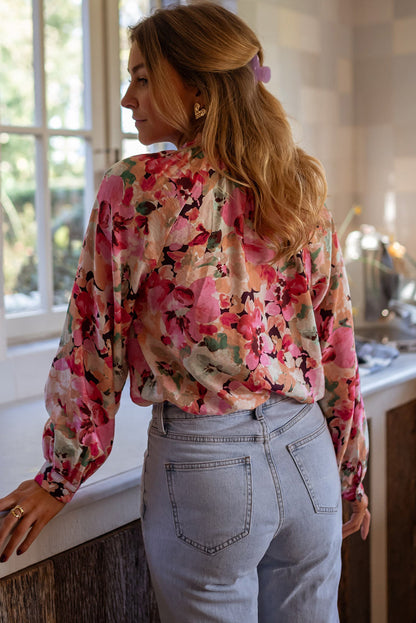 Red Floral Print Ruffled Stitch Buttoned Loose Fit Shirt