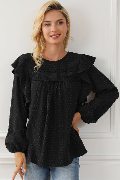 Zwartgroene kanten blouse met ruches op de schouder en lange mouwen