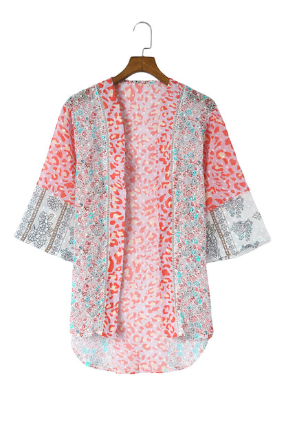 White Floral Print Open Front Bell Sleeve kimono