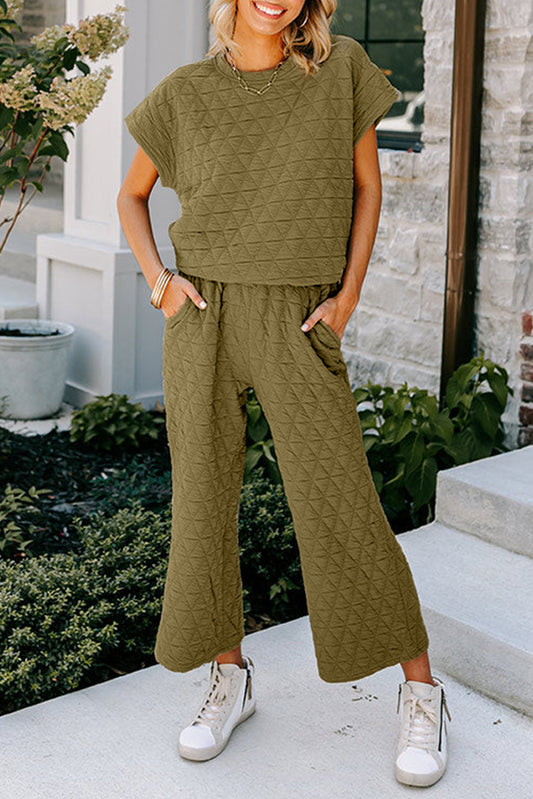 Ensemble pantalon large à manches courtes matelassé vert sauge