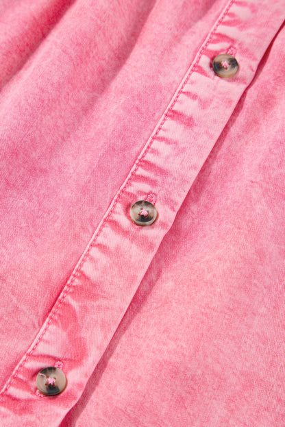 Roze geplooide korte mouwen denim mini-jurk met knopen