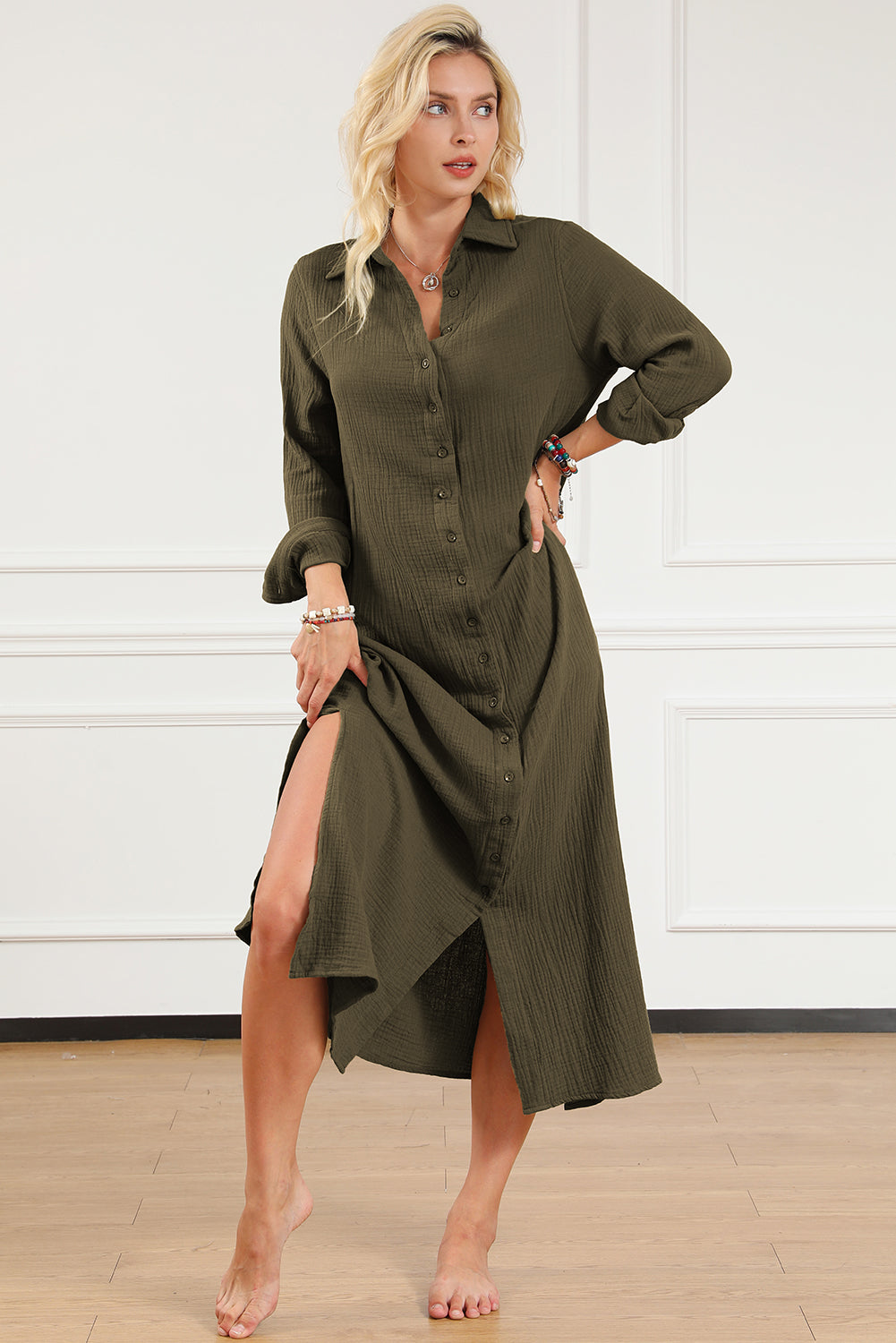 Groene gekreukte, casual split-shirt maxi-jurk met knopen