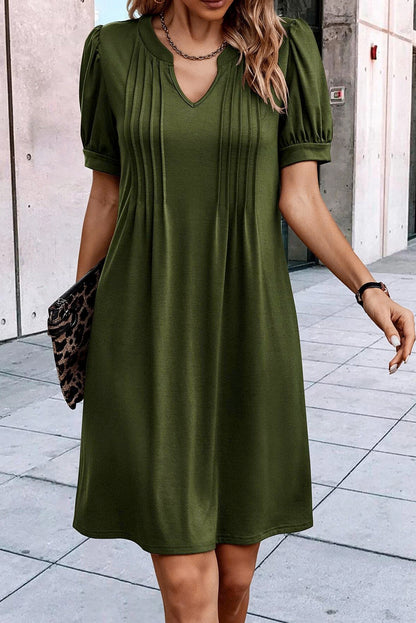 Desert Palm Notched Neck Pleated Puff Sleeve Shift T-shirt Dress