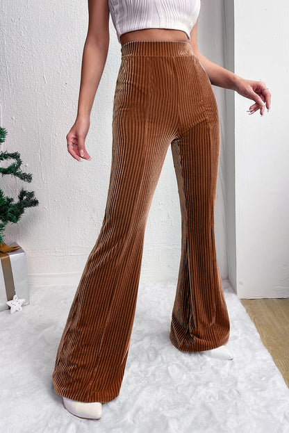 Kastanjebruine effen kleur hoge taille flare corduroy broek