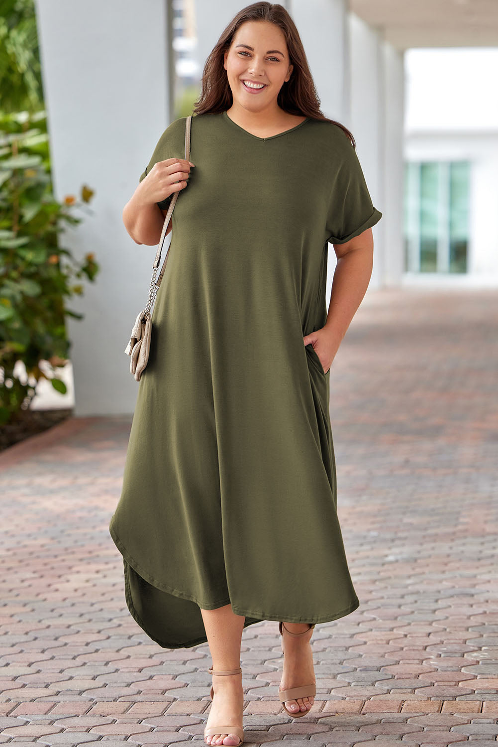 Groene Plus Size V-hals Gerolde Manchetten Maxi-jurk