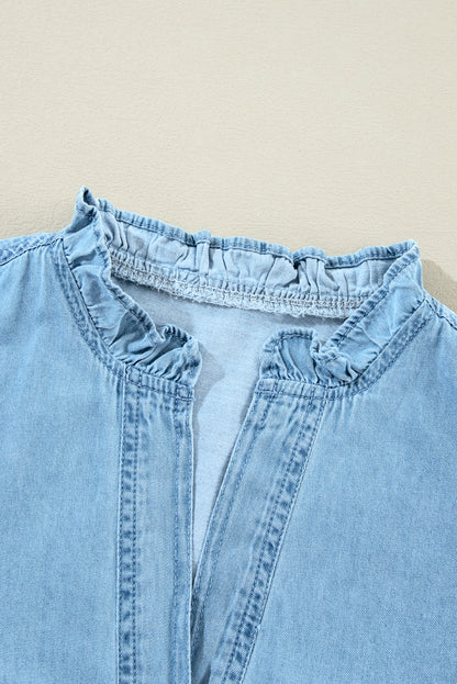 Myosotis geplooide V-hals geknoopte shift denim jurk