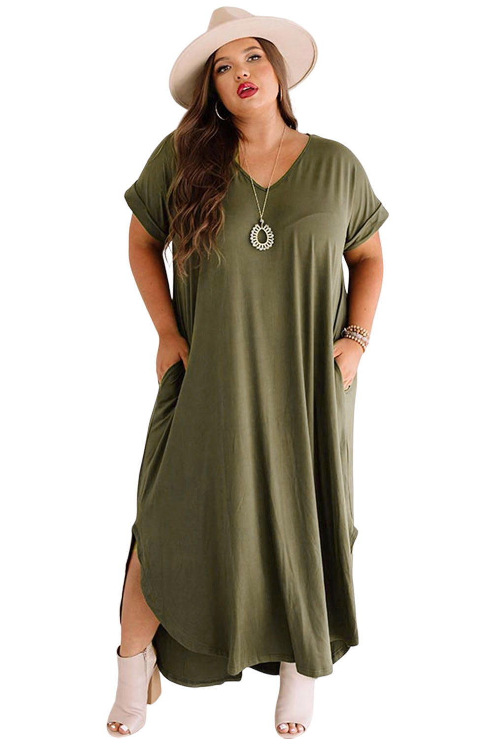 Groene Plus Size V-hals Gerolde Manchetten Maxi-jurk