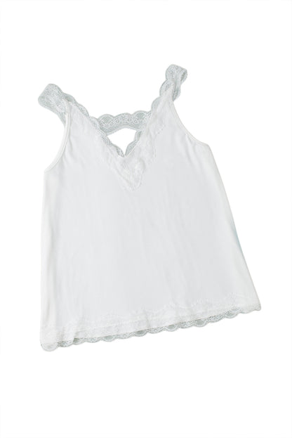 Witte uitlopende tanktop met delicate kanten rand