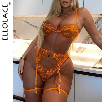 Ellolace lingerieset met oranje kantborduurwerk - sexy transparante 3-delige mesh bh en shortst