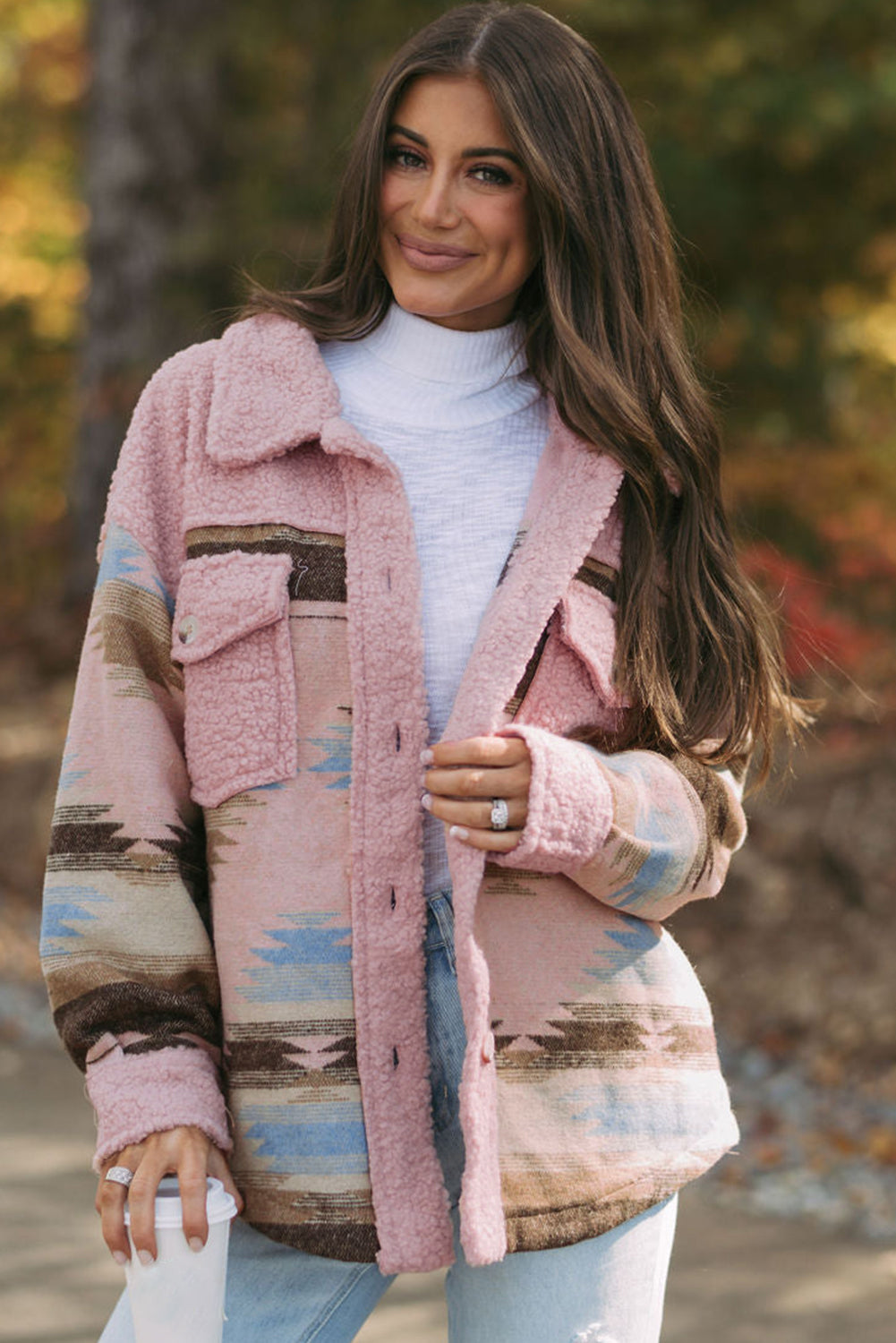 Roze Western Aztec Print Sherpa Splicing Geknoopte Jas met Klepzakken