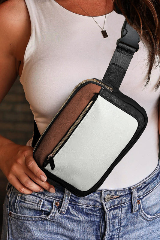 Witte leren crossbodytas met kleurblok, rits en verwijderbare clip