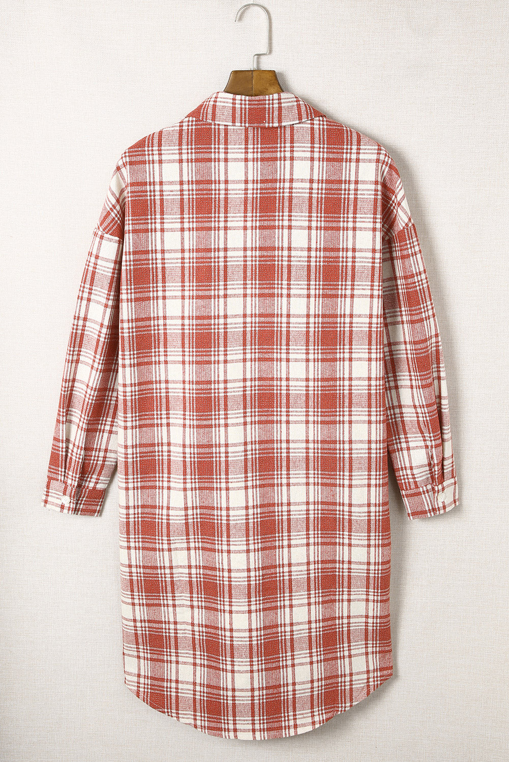 Fiery Red Plaid Print Button Long Shacket