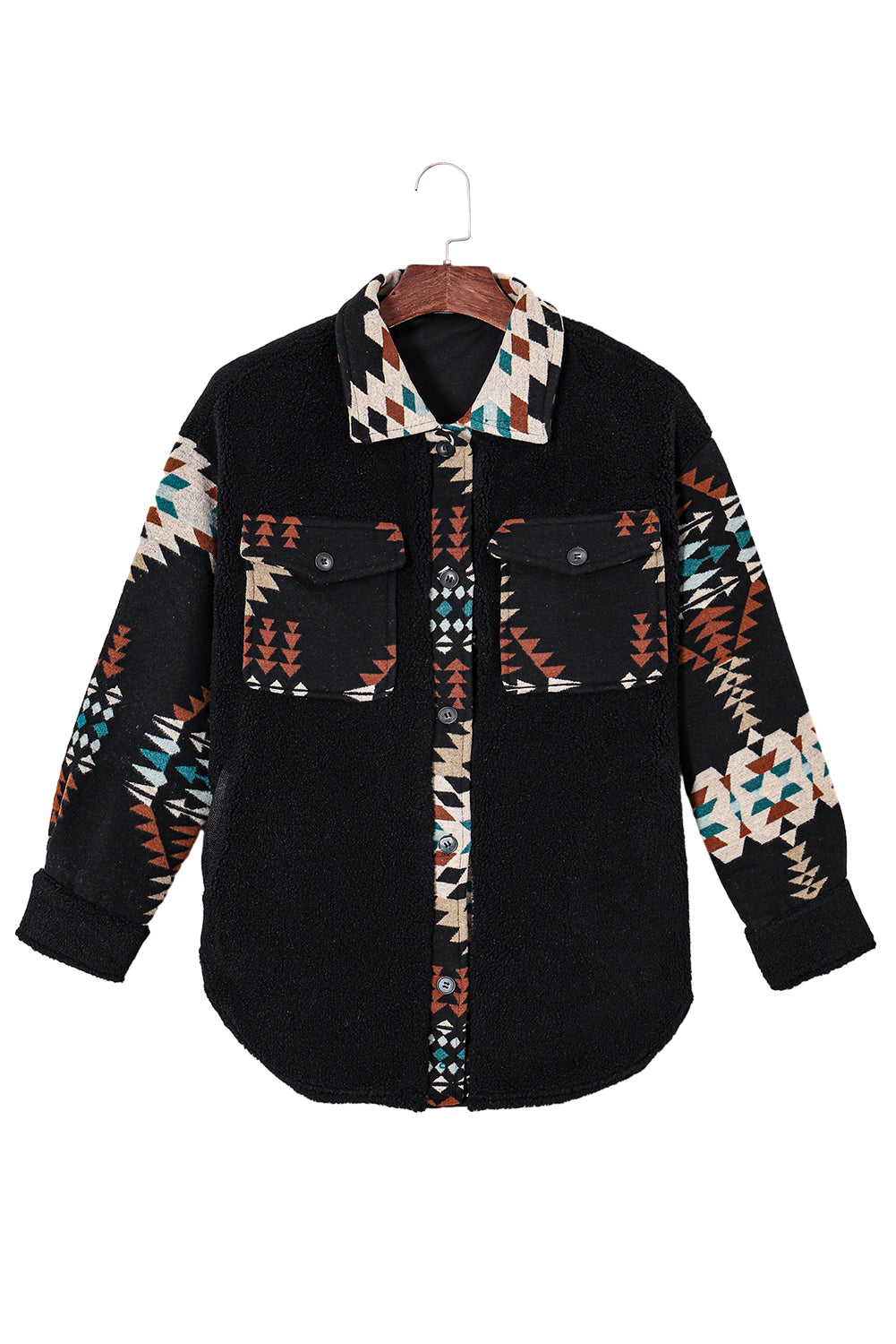 Zwarte Western Aztec Print Accent Fleece Shacket