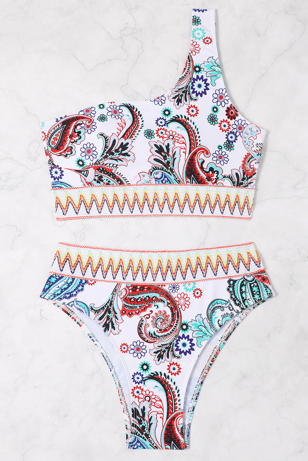 Witte Boho Paisley Contrasterende Bikini met één schouder