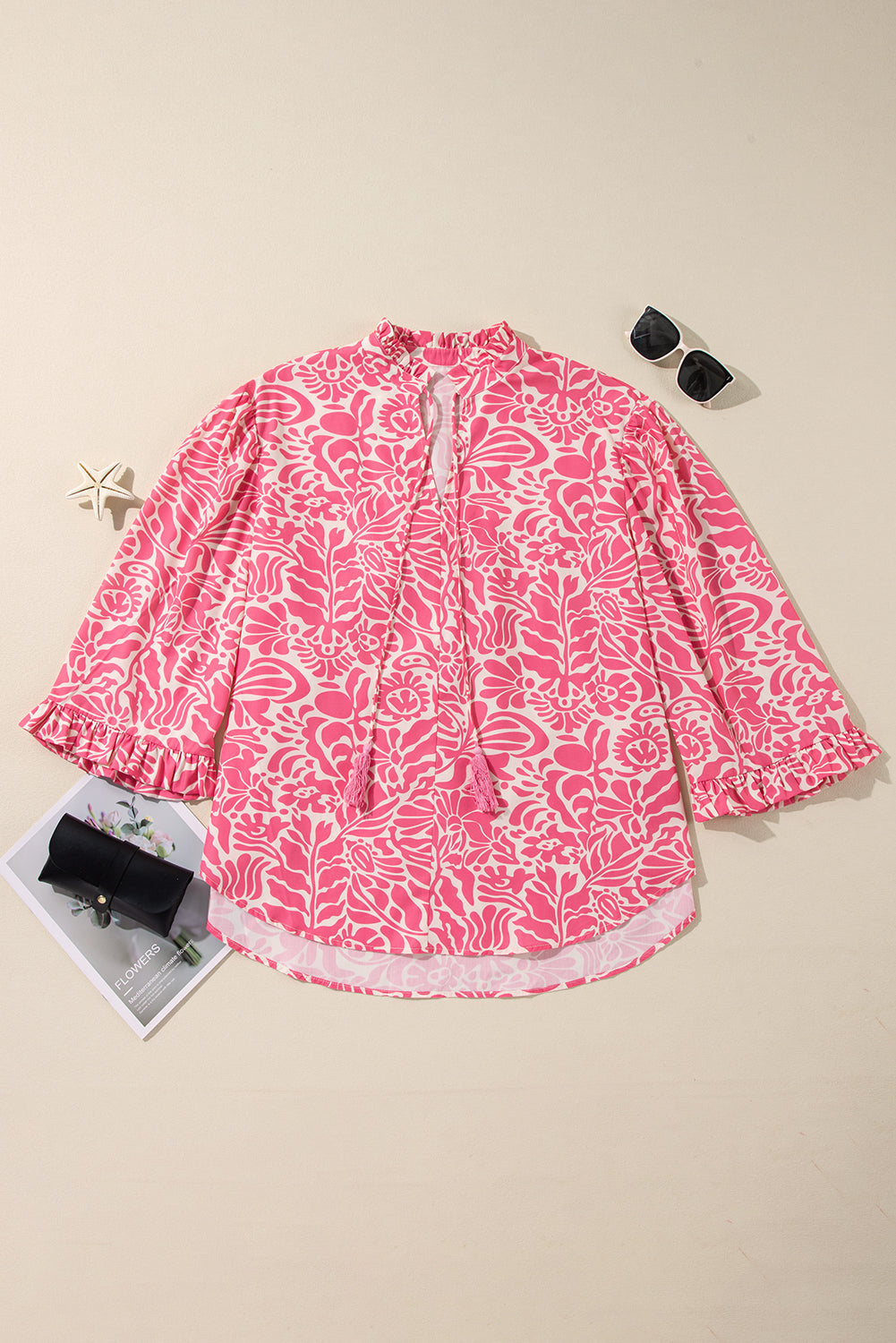 Roze plus-size bloemenprint top met geplooide hals en pofmouwen