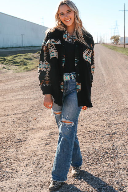 Zwarte Western Aztec Print Accent Fleece Shacket