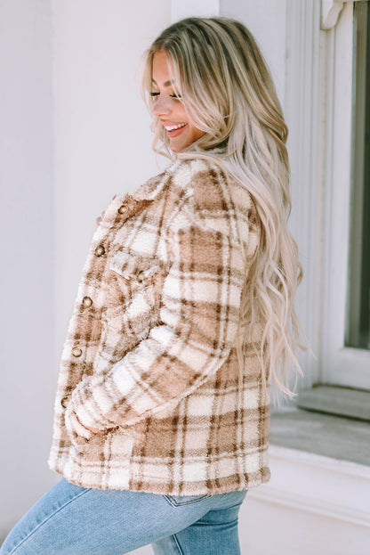 Khaki Sherpa Plaid-jas met knoopsluiting en zakken