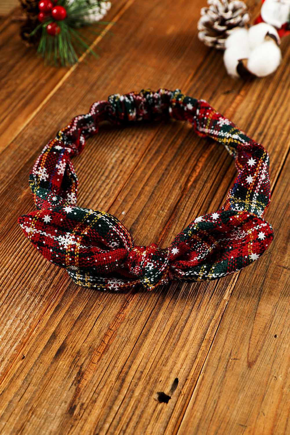 Burgundy Christmas Plaid Snowflake Print Bow Hair Tie