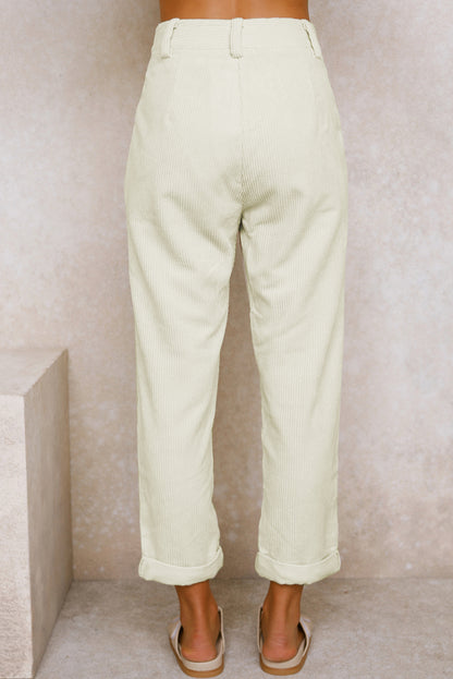 Beige Corduroy Hoge Taille Rechte Broek