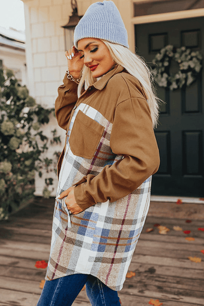 Khaki Plaid Patchwork Lange Mouw Shirt Mini Jurk