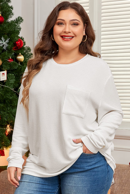 Wit Plus Size Geribbeld Getextureerd T-shirt met Lange Mouwen