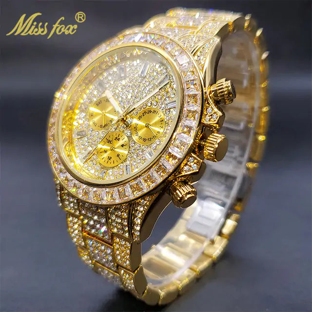 Luxury Gold Men's Watch Waterproof Stainless Steel Iced