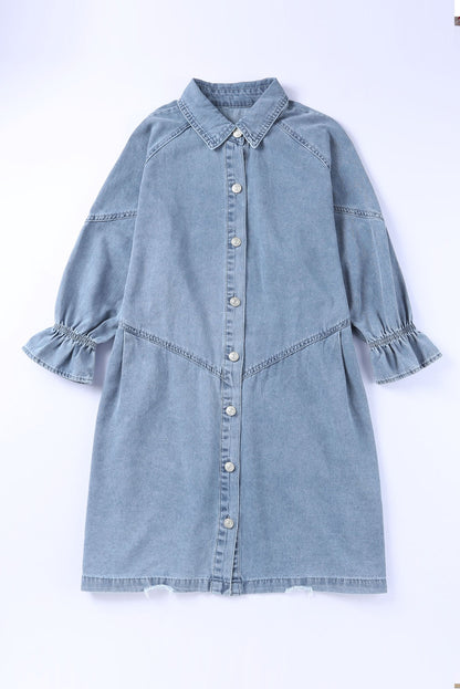 Hemelsblauwe geknoopte denim mini-jurk met lange mouwen