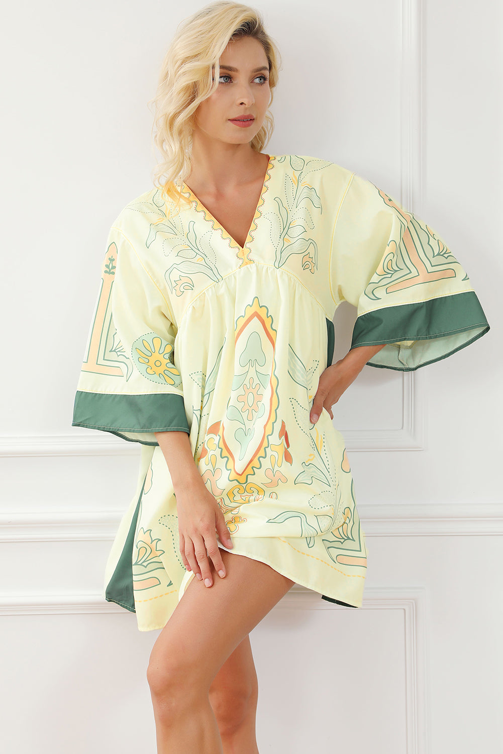 Veelkleurige Boho Print V-hals Empire Taille Korte Kimono Jurk