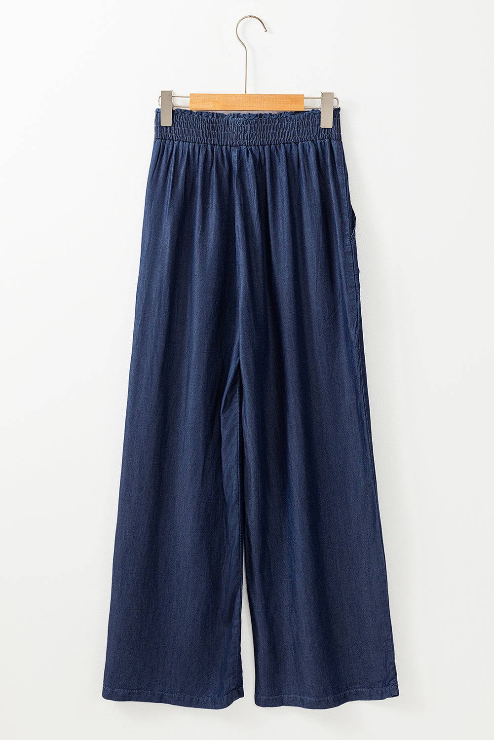 Sail Blue Side Pockets Frilled Smocked High Waist Wide Leg Jeans