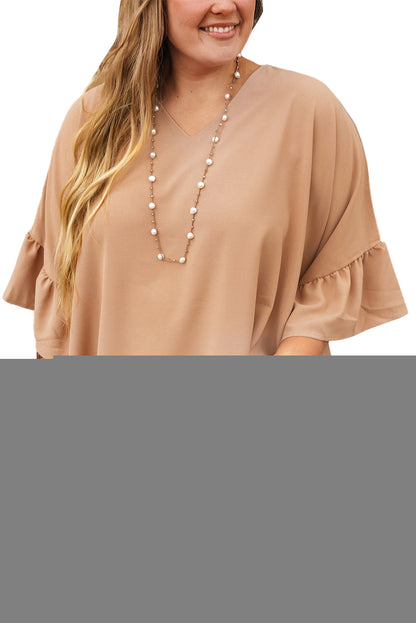 Smoke Gray Plus Size Ruffled Batwing Sleeve V Neck Blouse